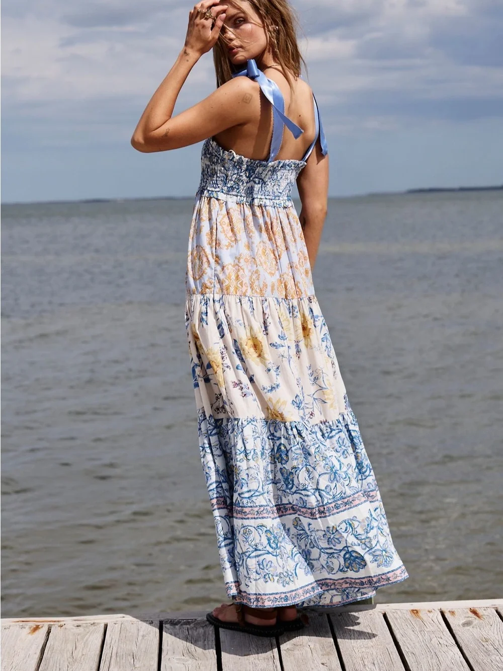 Free People Blue and Cream Floral Tie-Shoulder Maxi Dress
